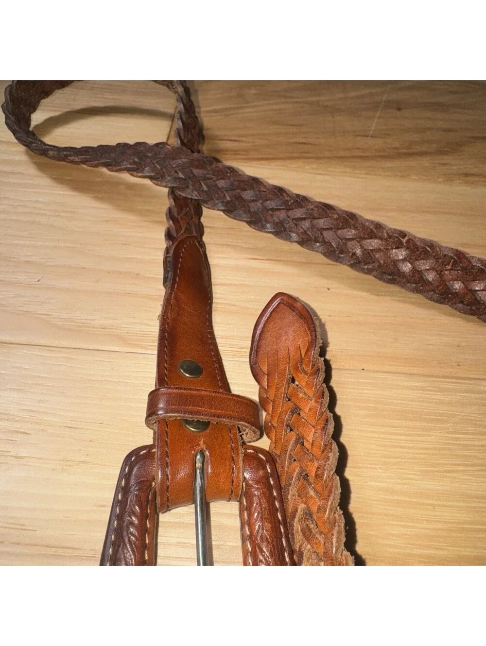 Vintage Leegin Braided Leather Belt Western Tooled Buckle Brown Size L 35”